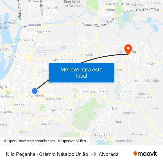 Nilo Peçanha - Grêmio Náutico União to Alvorada map