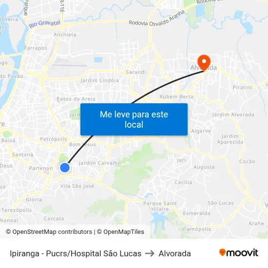 Ipiranga - Pucrs/Hospital São Lucas to Alvorada map