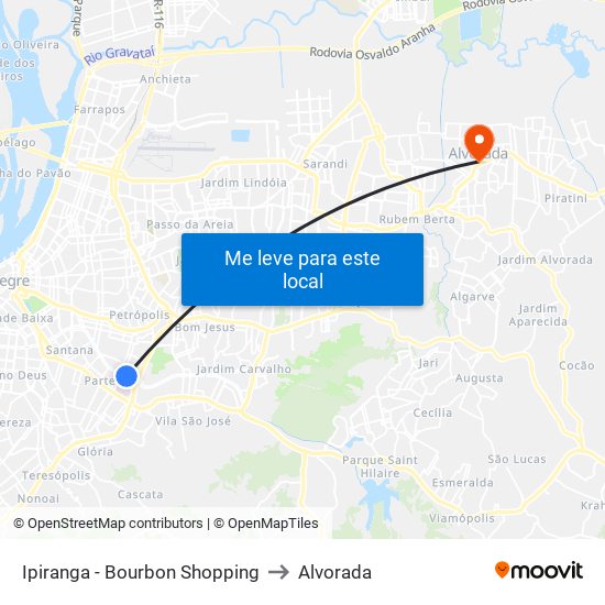Ipiranga - Bourbon Shopping to Alvorada map