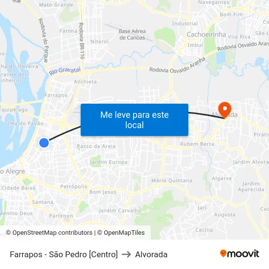 Farrapos - São Pedro [Centro] to Alvorada map