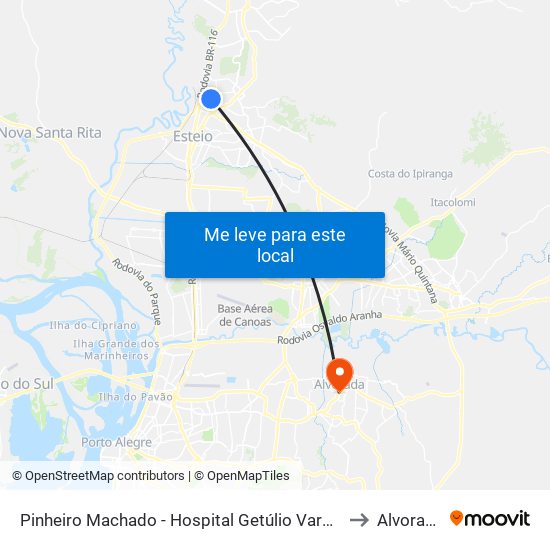 Pinheiro Machado - Hospital Getúlio Vargas to Alvorada map