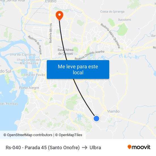 Rs-040 - Parada 45 (Santo Onofre) to Ulbra map