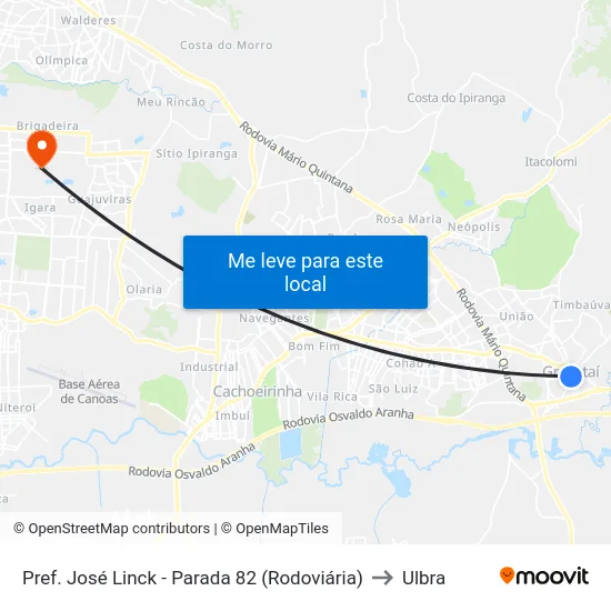 Pref. José Linck - Parada 82 (Rodoviária) to Ulbra map