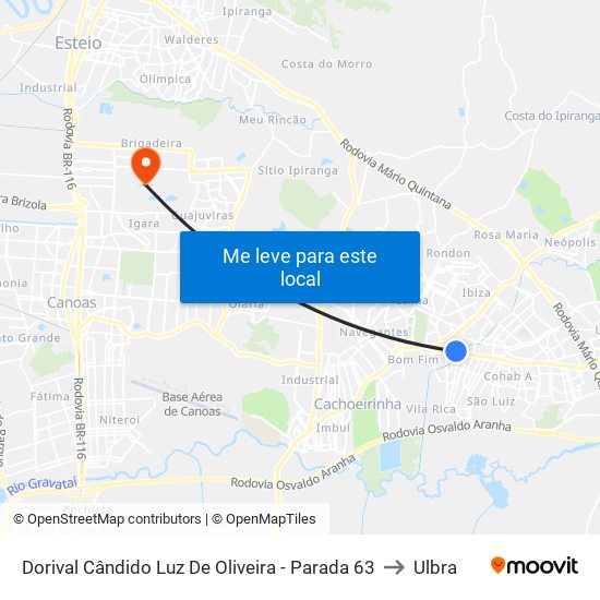 Dorival Cândido Luz De Oliveira - Parada 63 to Ulbra map