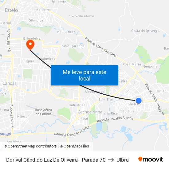 Dorival Cândido Luz De Oliveira - Parada 70 to Ulbra map