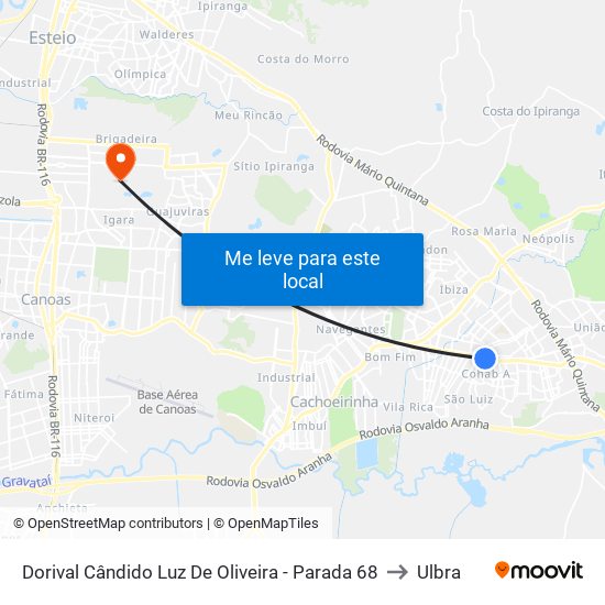 Dorival Cândido Luz De Oliveira - Parada 68 to Ulbra map