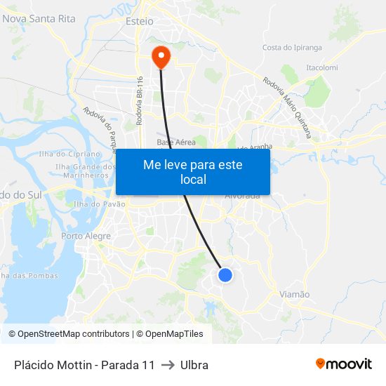 Plácido Mottin - Parada 11 to Ulbra map