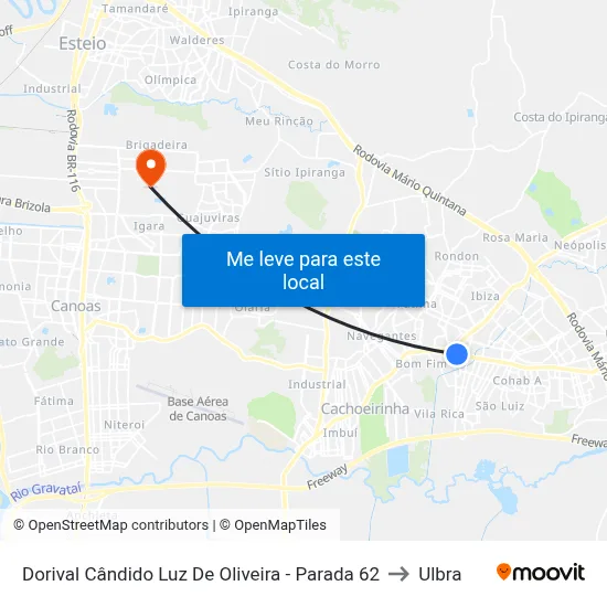 Dorival Cândido Luz De Oliveira - Parada 62 to Ulbra map