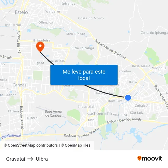 Gravataí to Ulbra map