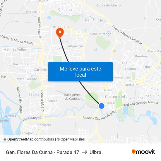 Gen. Flores Da Cunha - Parada 47 to Ulbra map