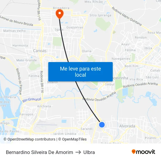 Bernardino Silveira De Amorim to Ulbra map