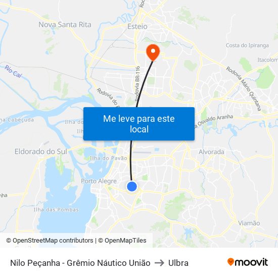 Nilo Peçanha - Grêmio Náutico União to Ulbra map