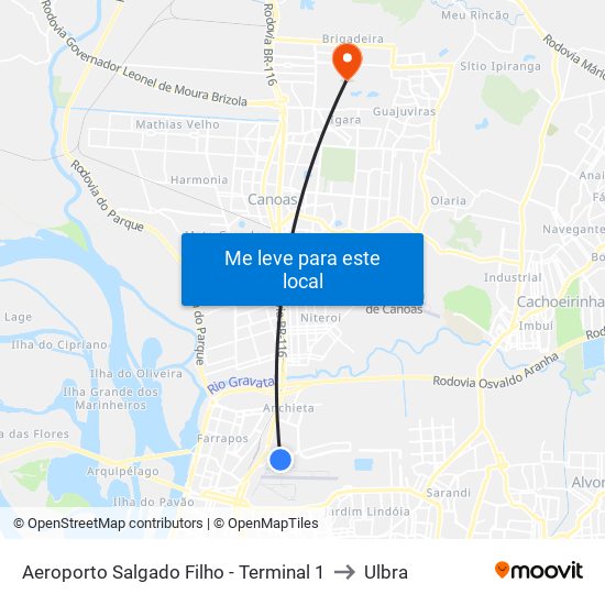 Aeroporto Salgado Filho - Terminal 1 to Ulbra map