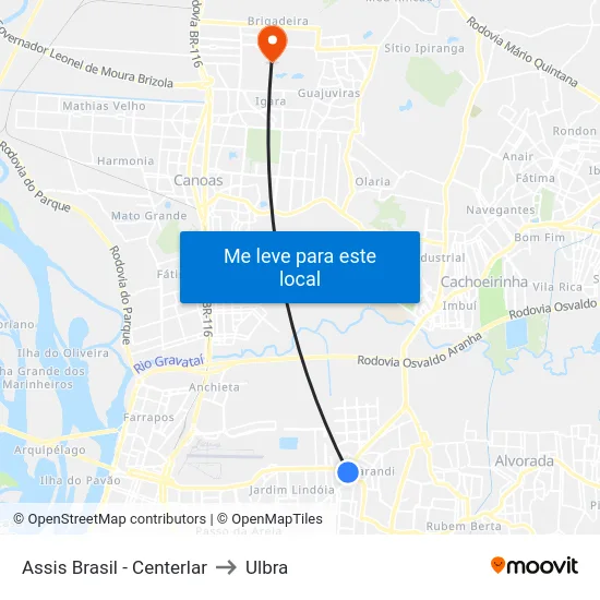 Assis Brasil - Centerlar to Ulbra map