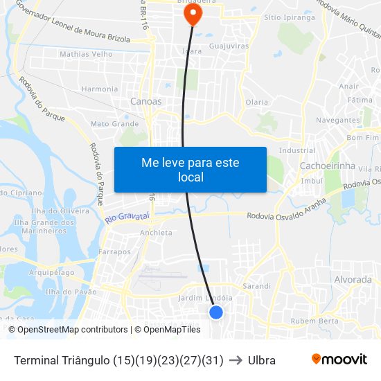 Terminal Triângulo (15)(19)(23)(27)(31) to Ulbra map