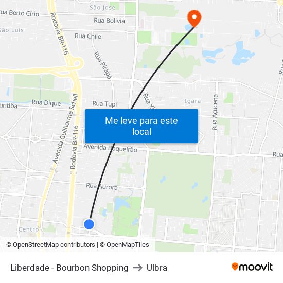 Liberdade - Bourbon Shopping to Ulbra map