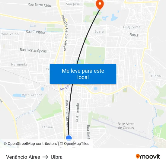 Venâncio Aires to Ulbra map