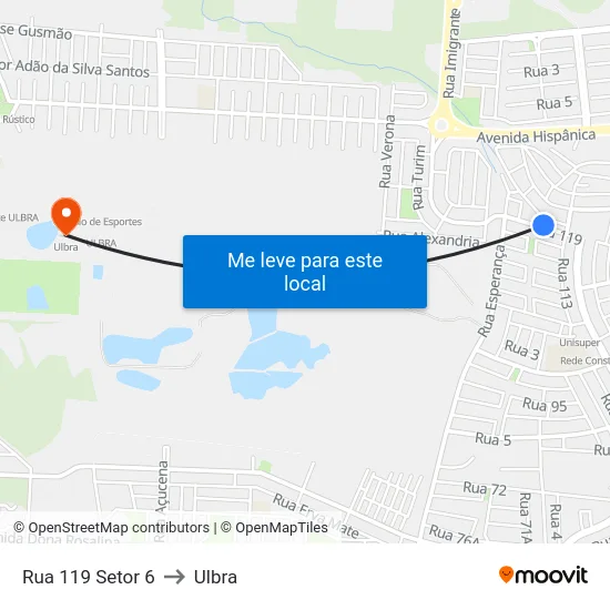 Rua 119 Setor 6 to Ulbra map