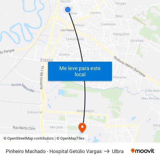 Pinheiro Machado - Hospital Getúlio Vargas to Ulbra map