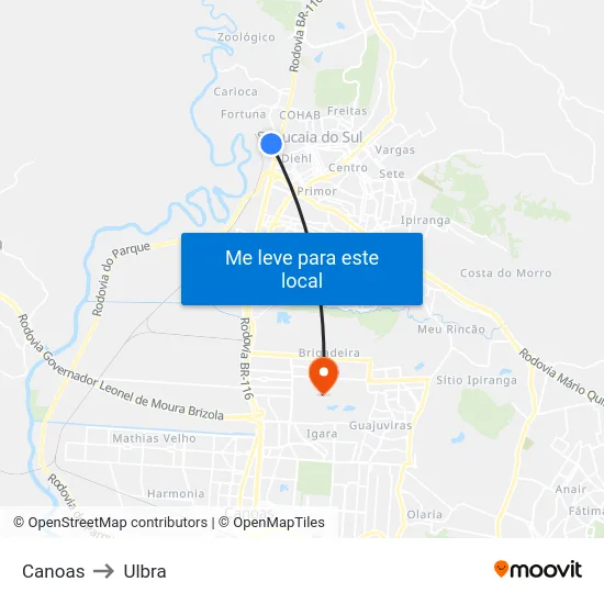 Canoas to Ulbra map