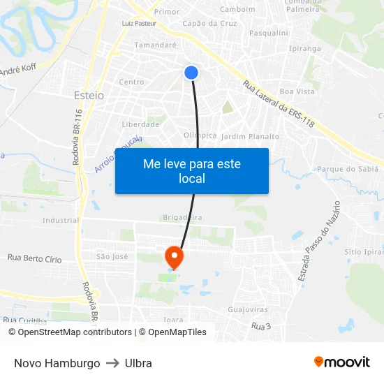 Novo Hamburgo to Ulbra map