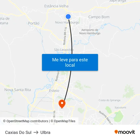 Caxias Do Sul to Ulbra map