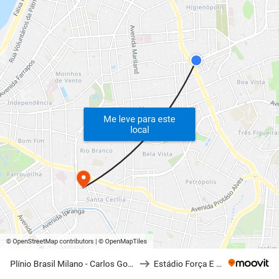 Plínio Brasil Milano - Carlos Gomes to Estádio Força E Luz map