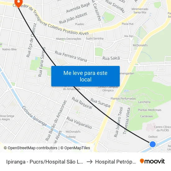 Ipiranga - Pucrs/Hospital São Lucas to Hospital Petrópolis map