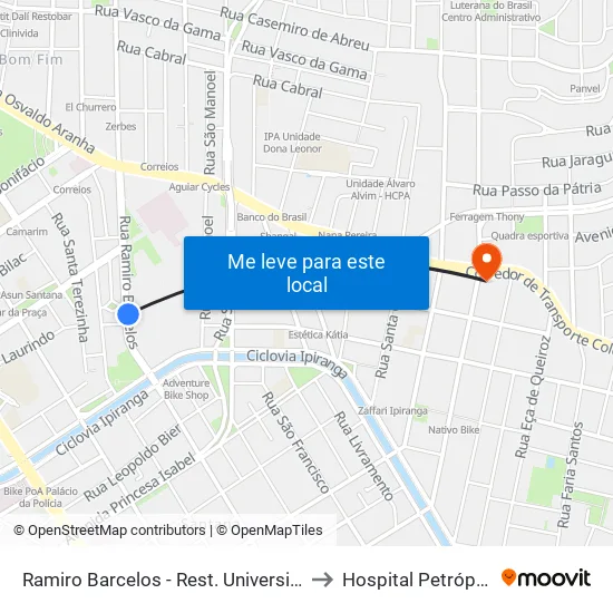 Ramiro Barcelos - Rest. Universitário to Hospital Petrópolis map