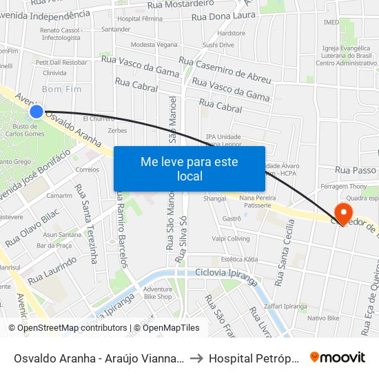 Osvaldo Aranha - Araújo Vianna Cb to Hospital Petrópolis map