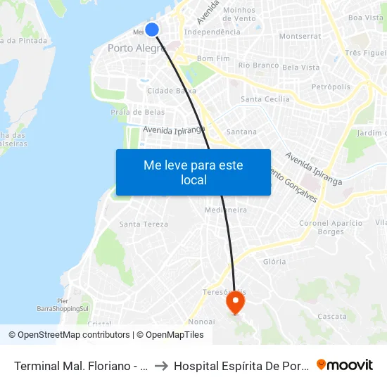Terminal Mal. Floriano - Mercado to Hospital Espírita De Porto Alegre map