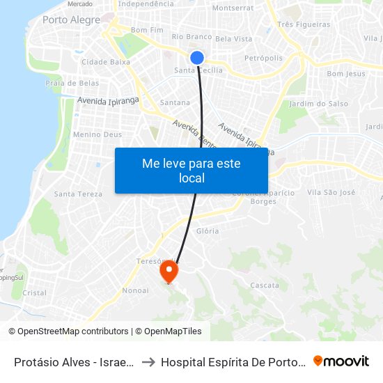 Protásio Alves - Israelita Bc to Hospital Espírita De Porto Alegre map