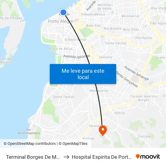 Terminal Borges De Medeiros to Hospital Espírita De Porto Alegre map