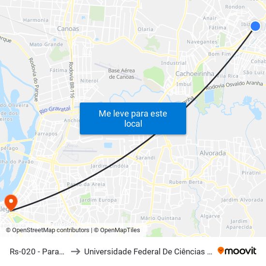 Rs-020 - Parada 66 to Universidade Federal De Ciências Da Saúde map