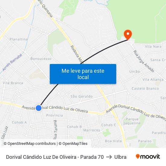 Dorival Cândido Luz De Oliveira - Parada 70 to Ulbra map