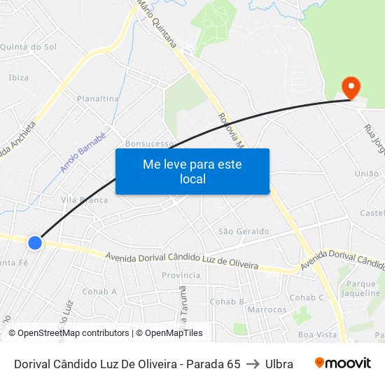 Dorival Cândido Luz De Oliveira - Parada 65 to Ulbra map