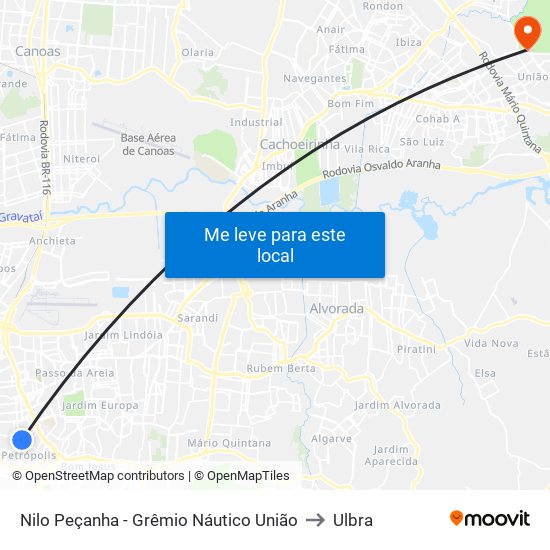 Nilo Peçanha - Grêmio Náutico União to Ulbra map