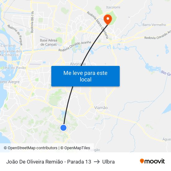 João De Oliveira Remião - Parada 13 to Ulbra map