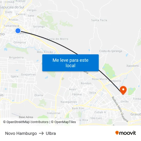Novo Hamburgo to Ulbra map