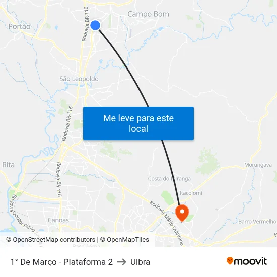 1° De Março - Plataforma 2 to Ulbra map