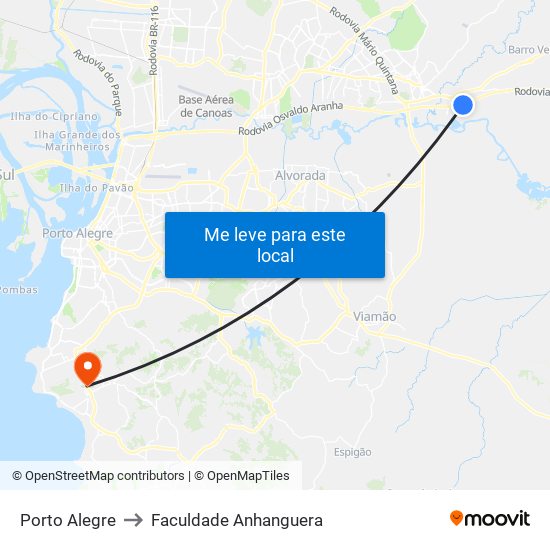 Porto Alegre to Faculdade Anhanguera map