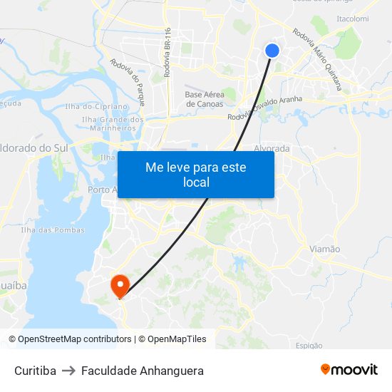 Curitiba to Faculdade Anhanguera map