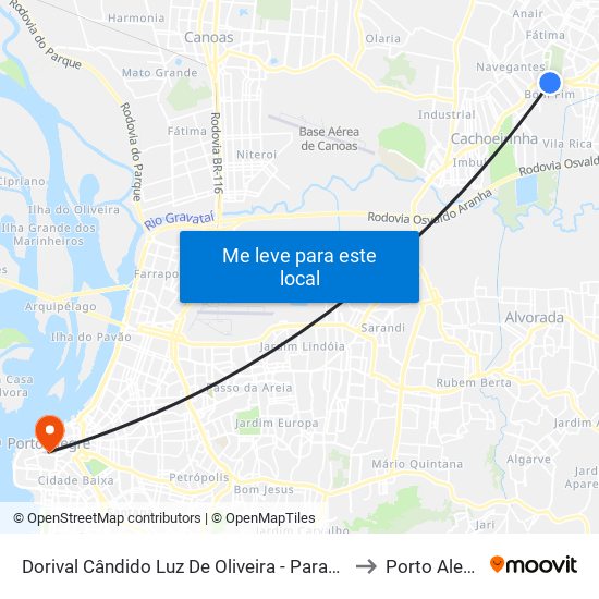 Dorival Cândido Luz De Oliveira - Parada 60 to Porto Alegre map