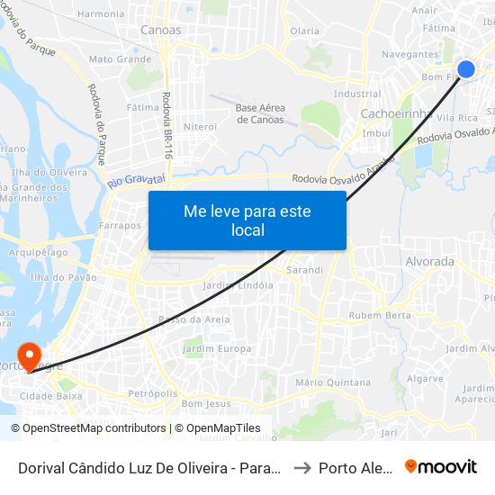 Dorival Cândido Luz De Oliveira - Parada 62 to Porto Alegre map