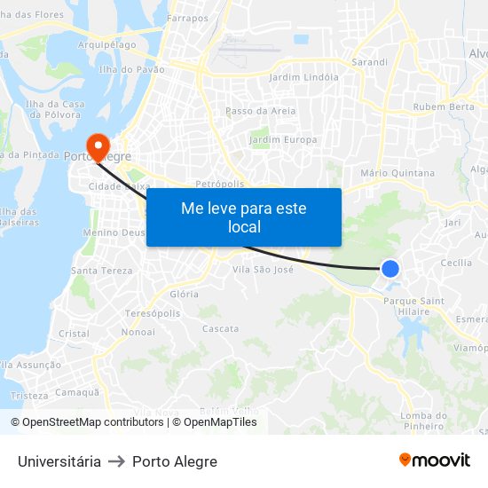 Universitária to Porto Alegre map