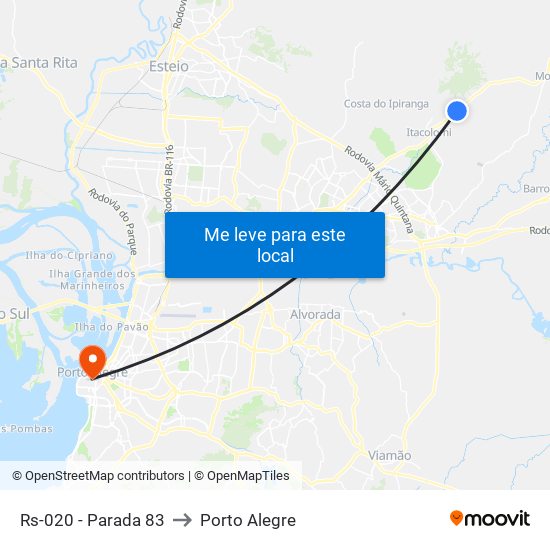 Rs-020 - Parada 83 to Porto Alegre map