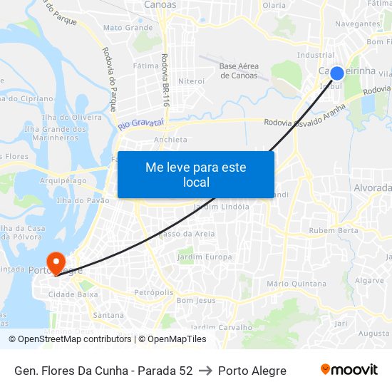 Gen. Flores Da Cunha - Parada 52 to Porto Alegre map