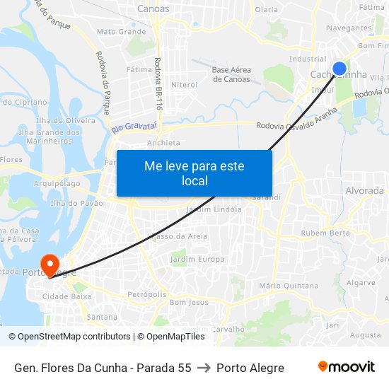 Gen. Flores Da Cunha - Parada 55 to Porto Alegre map