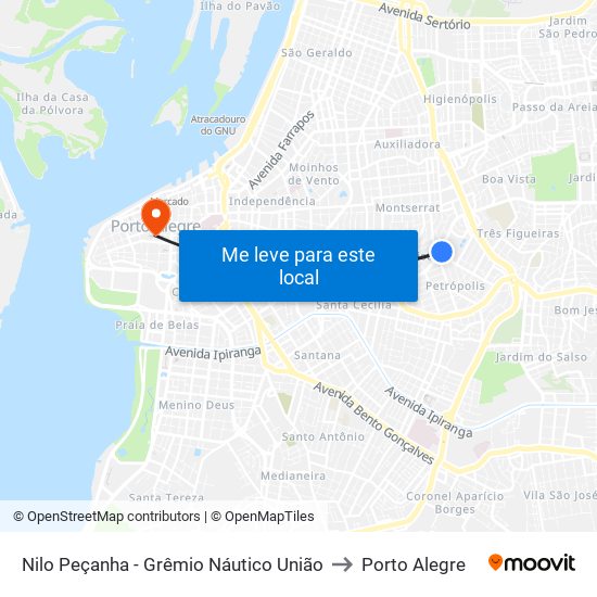Nilo Peçanha - Grêmio Náutico União to Porto Alegre map