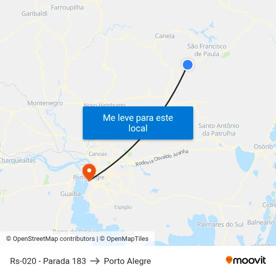 Rs-020 - Parada 183 to Porto Alegre map